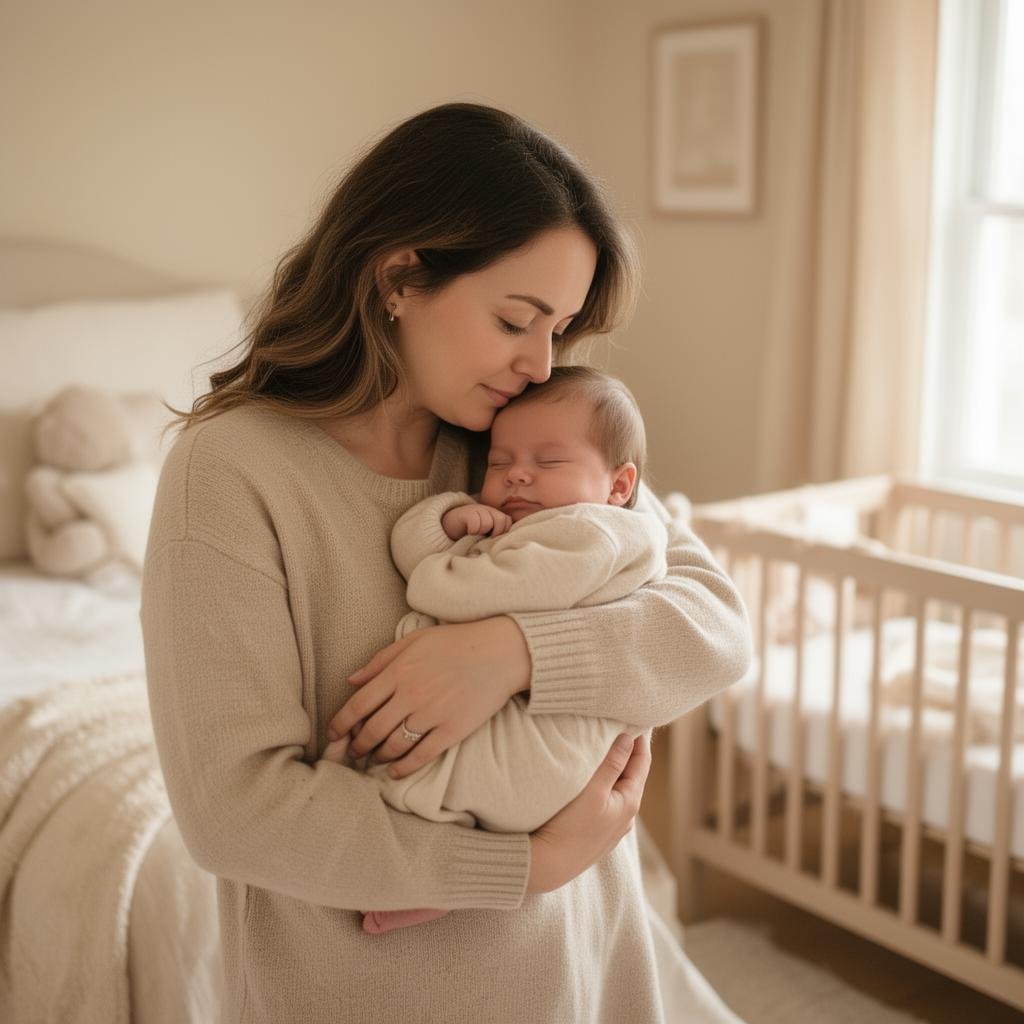 Mãe acolhendo bebê em quarto aconchegante